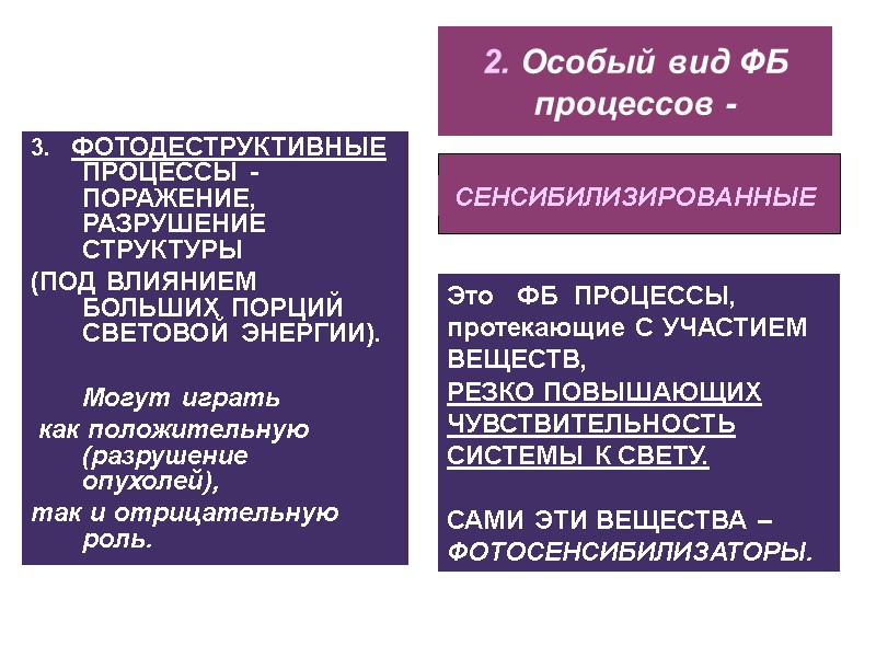 2. Особый вид ФБ процессов - 3.   ФОТОДЕСТРУКТИВНЫЕ ПРОЦЕССЫ -  ПОРАЖЕНИЕ,